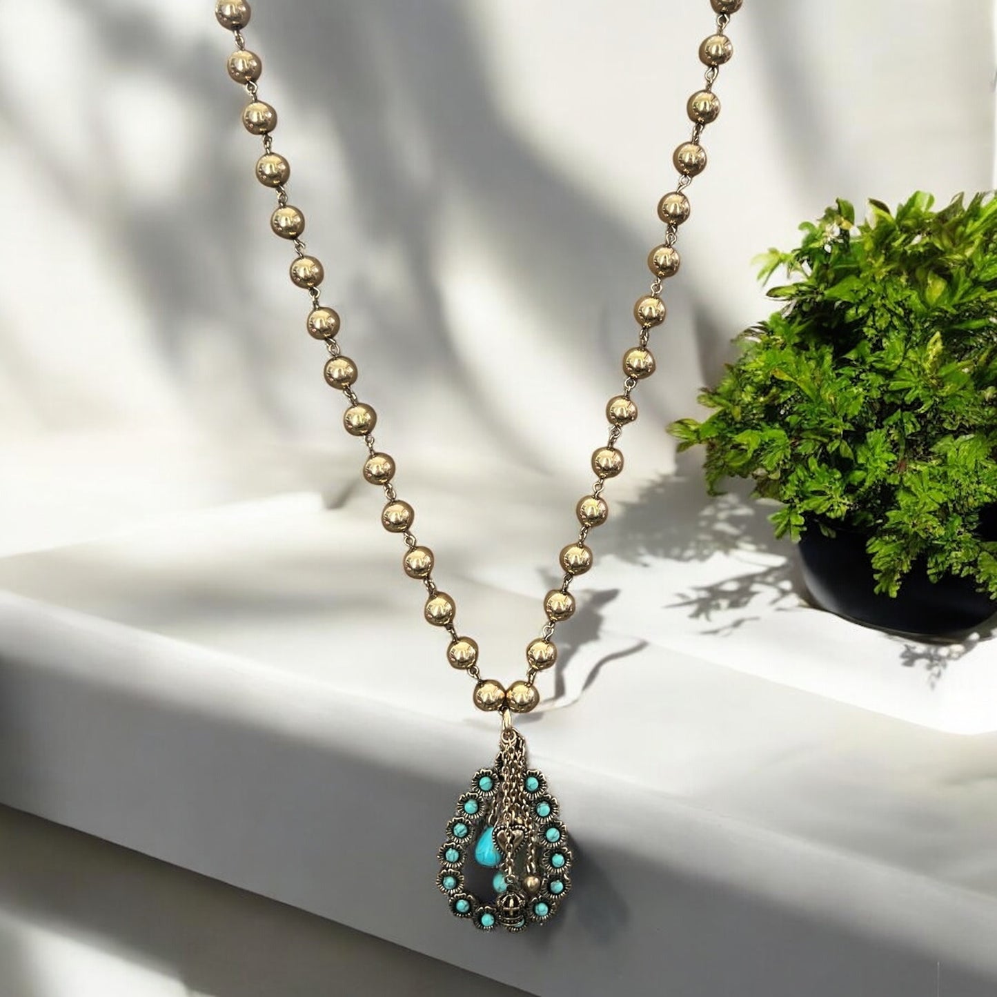 Bronze Turquoise Beaded Necklace with Charms