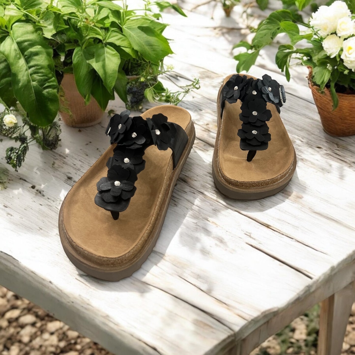 Bless Her Heart Black Flower Sandals