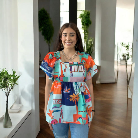 Blue Tropical Printed Square Neck Babydoll Blouse