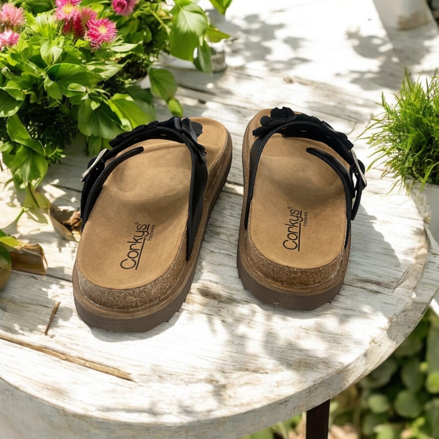 Bless Her Heart Black Flower Sandals