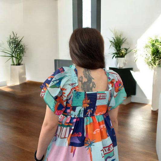Blue Tropical Printed Square Neck Babydoll Blouse