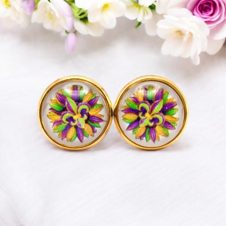 Madri Gras Floral Fleur-de-lis Photo Stud Earrings