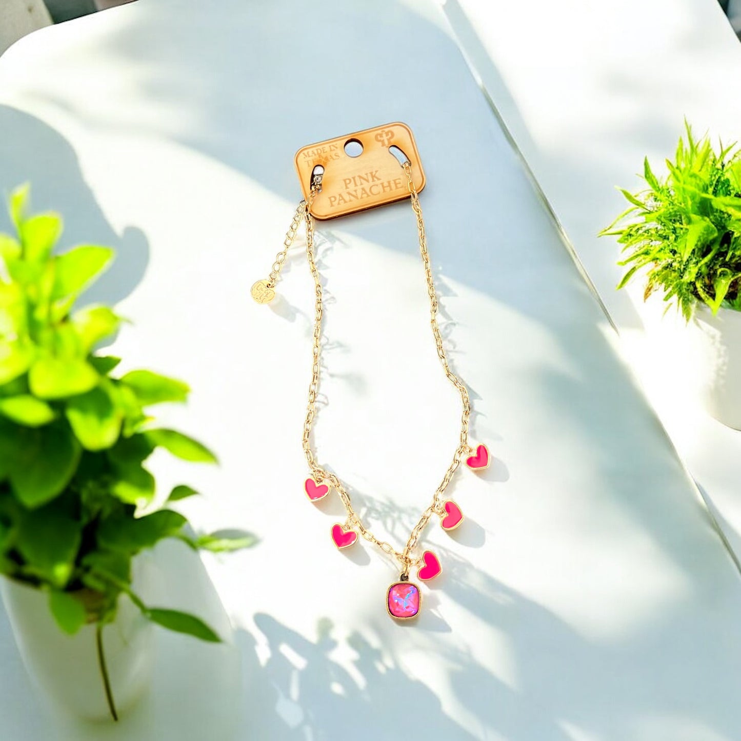 Enamel Hearts and Austrian Crystal Chain Necklace