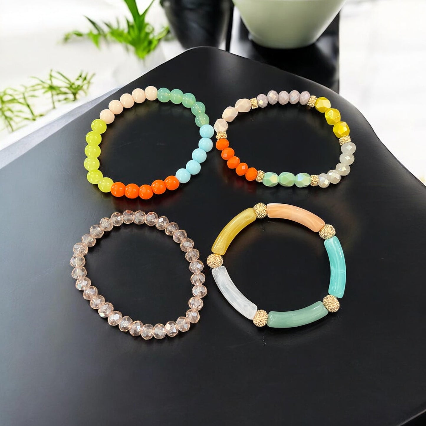 Set of 4 Stacked Colorful Acrylic and Beaded Bracelets