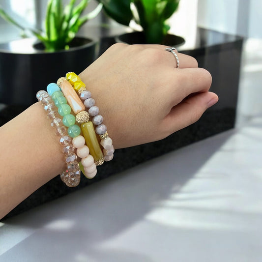 Set of 4 Stacked Colorful Acrylic and Beaded Bracelets