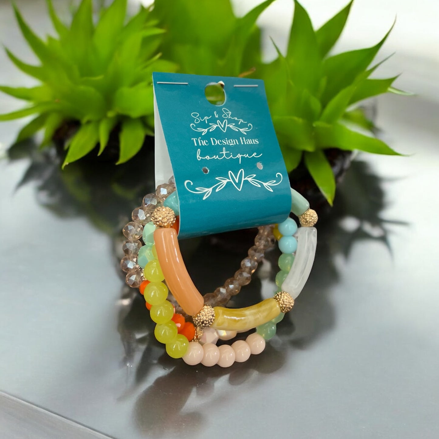 Set of 4 Stacked Colorful Acrylic and Beaded Bracelets