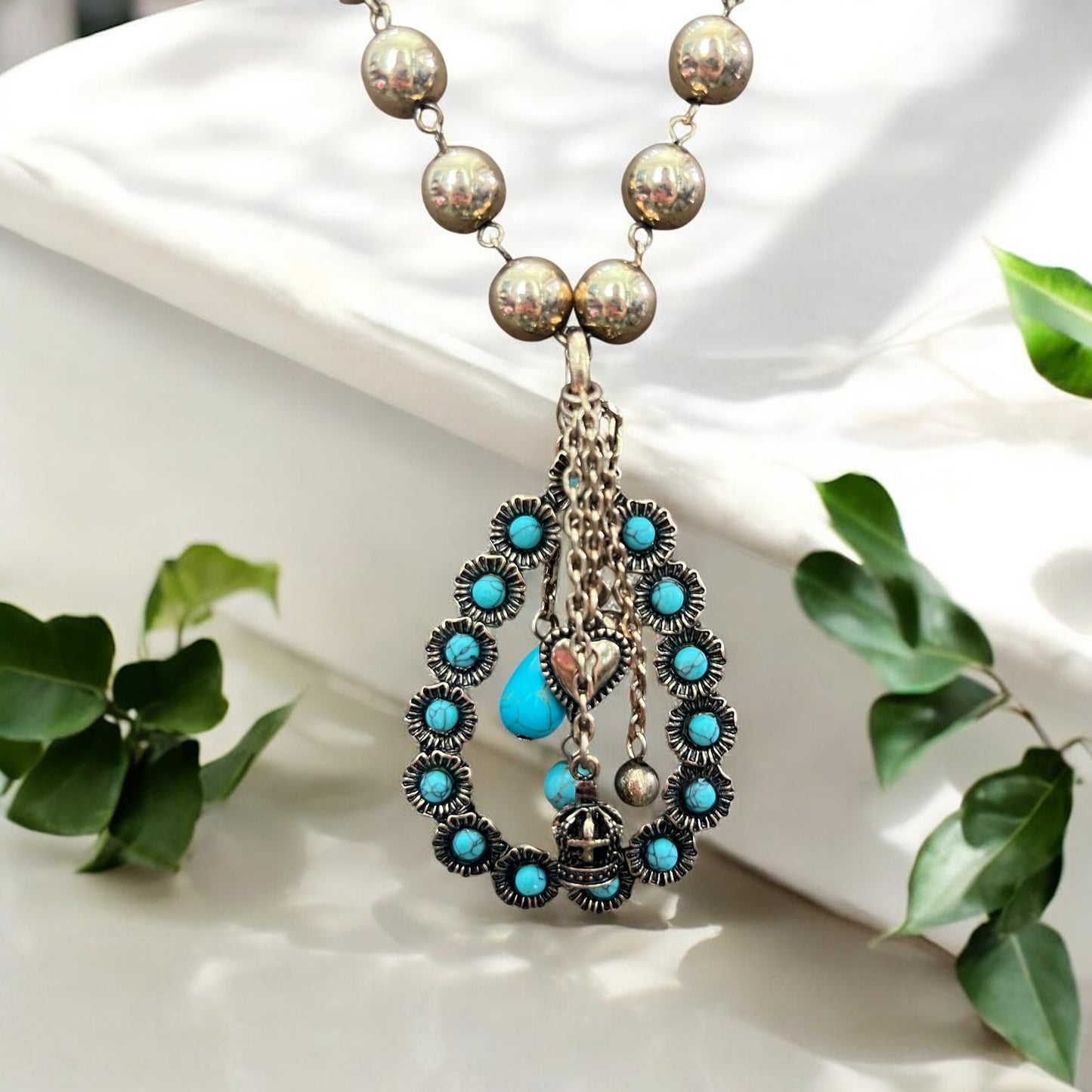 Bronze Turquoise Beaded Necklace with Charms