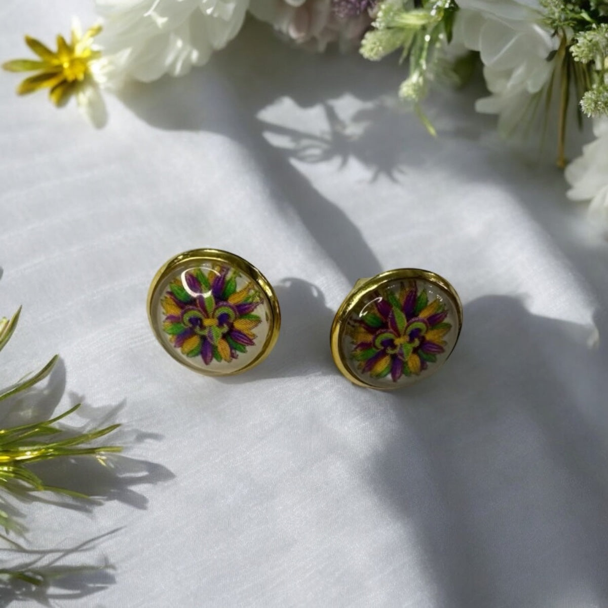 Madri Gras Floral Fleur-de-lis Photo Stud Earrings