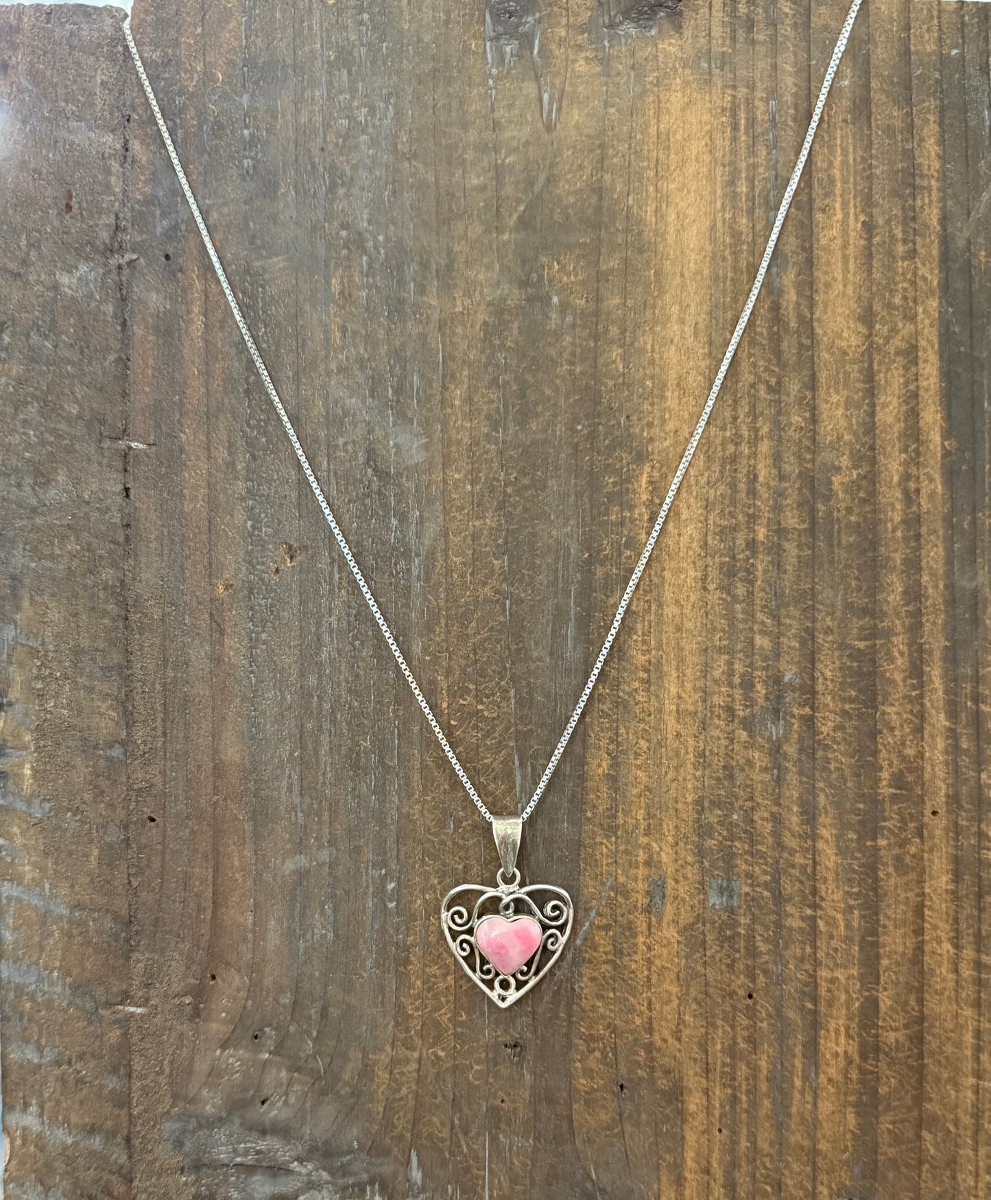 Vintage Sterling Silver Filigree Heart w/Pink Stone Pendant Necklace