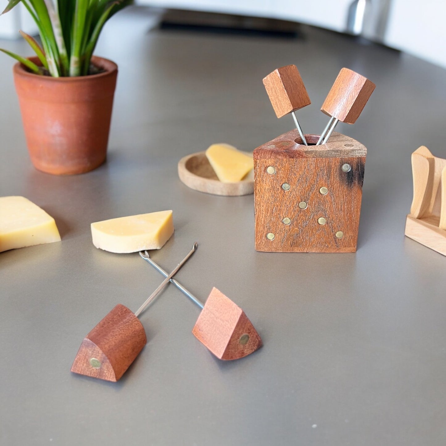Wood Cheese Picks & Holder