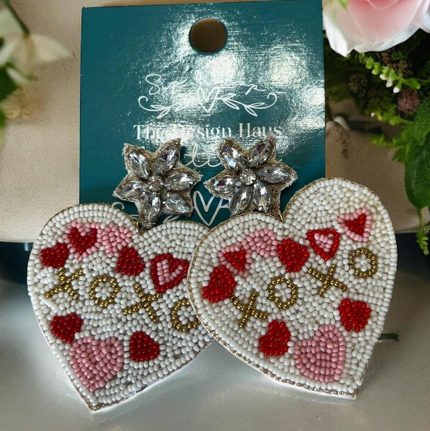 Beaded “XOXO” Heart Earrings