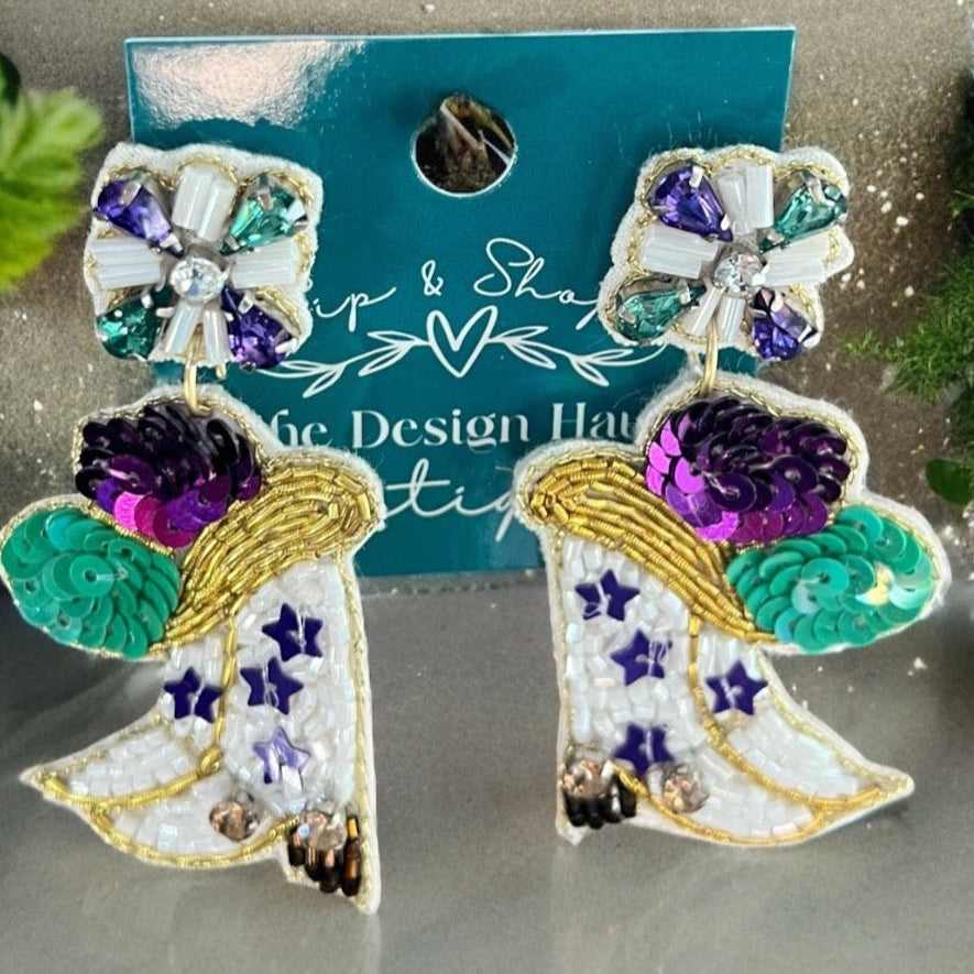 Beaded Mardi Gras Boot Earrings