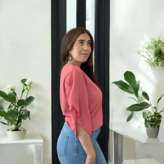 Chiffon Ruffled V-Neck Split Sleeve Top