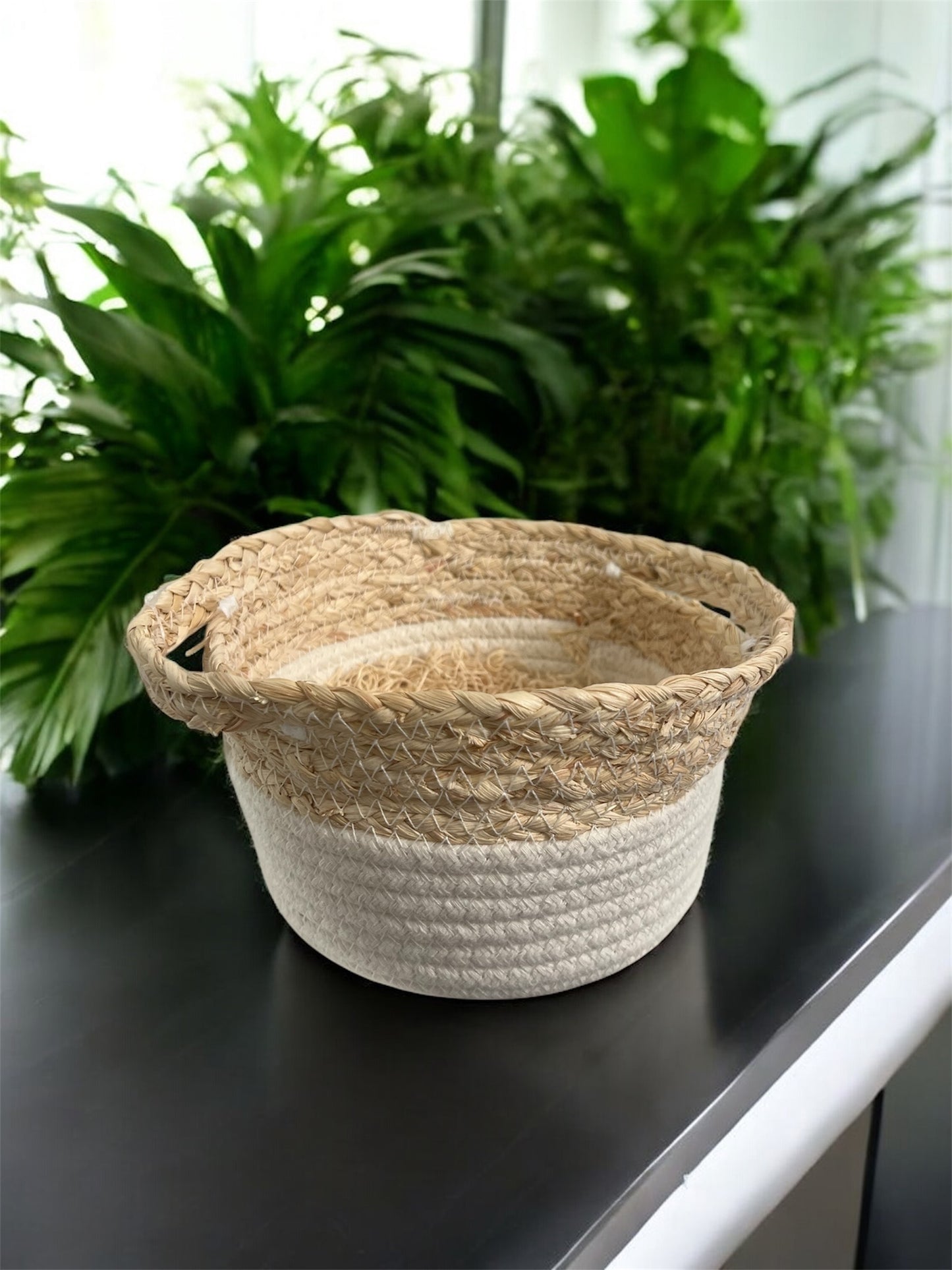 White and Tan Woven Circle Basket