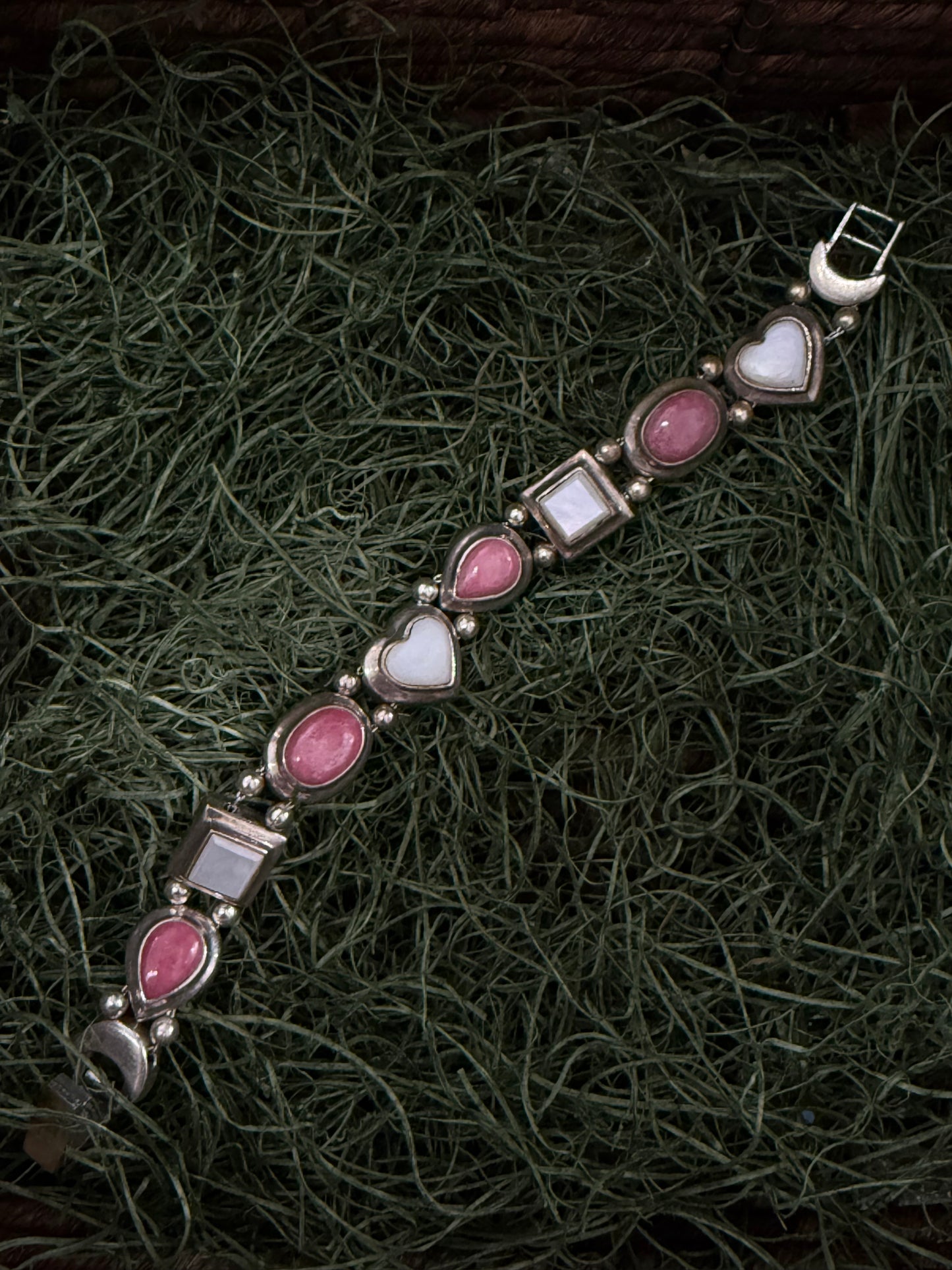 Vintage Sterling Silver Pink & White Stone Bracelet w/ Heart Accents