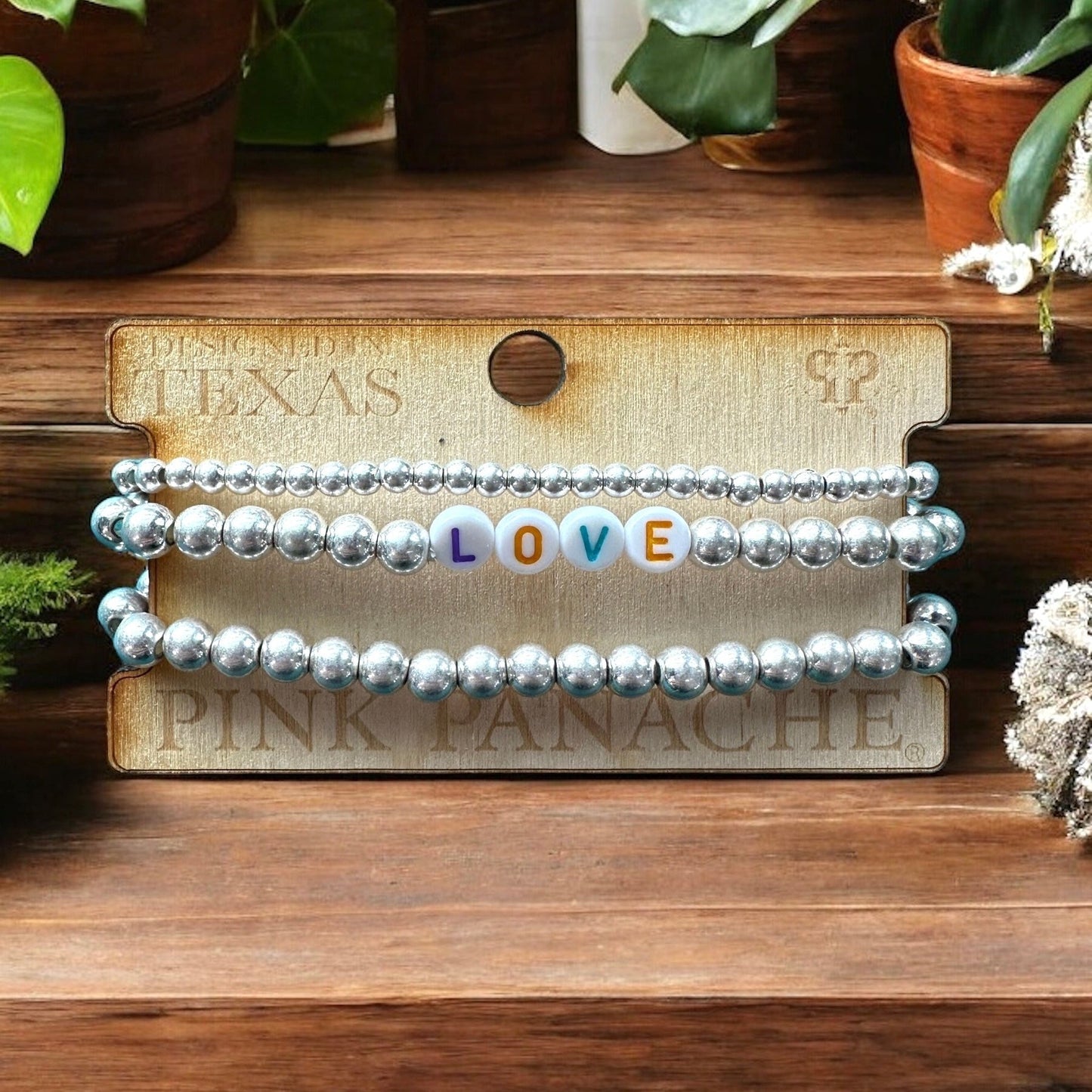 Silver Bracelet Stack with “Love” Beads