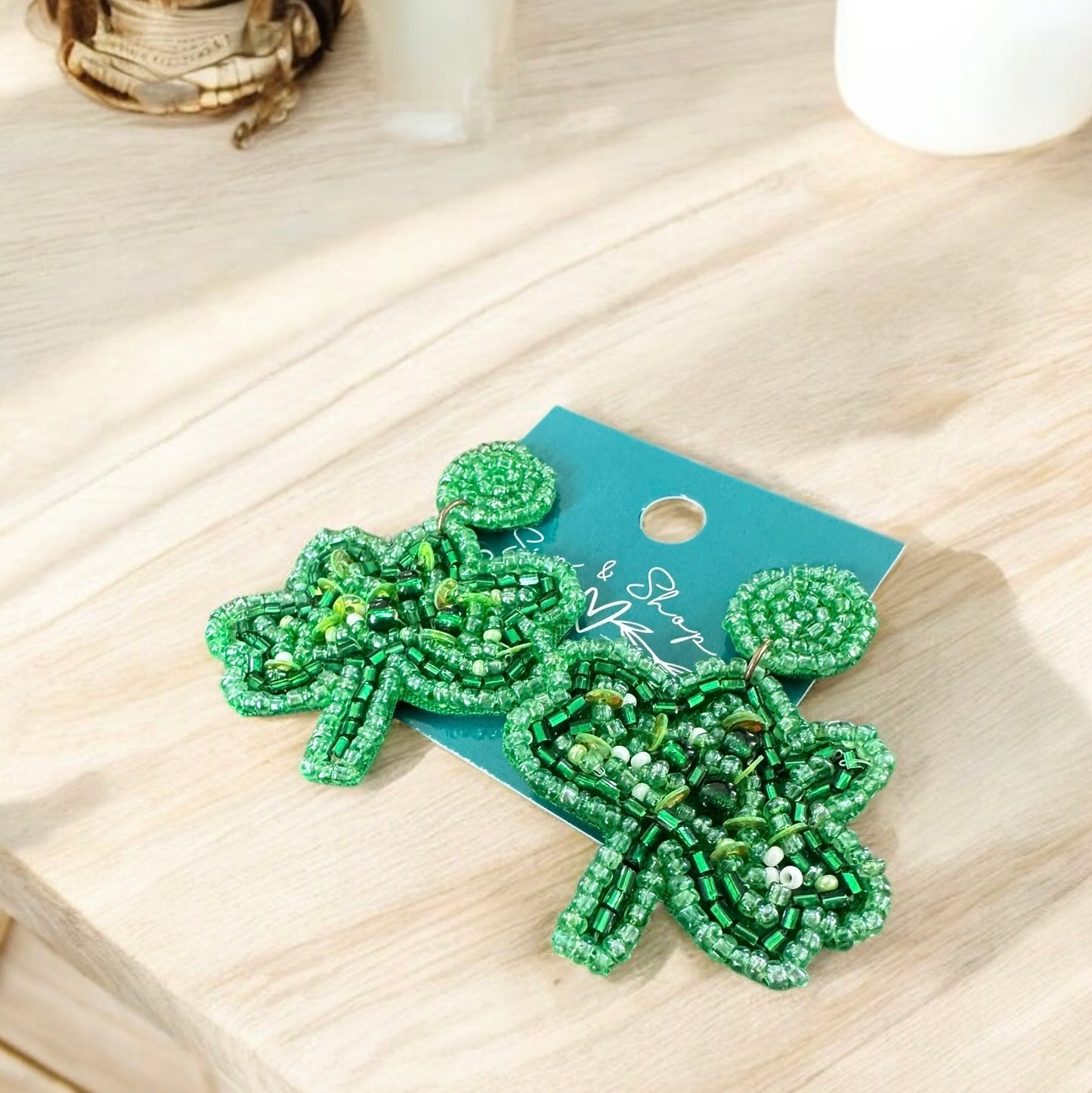 Green Beaded Clover Earrings