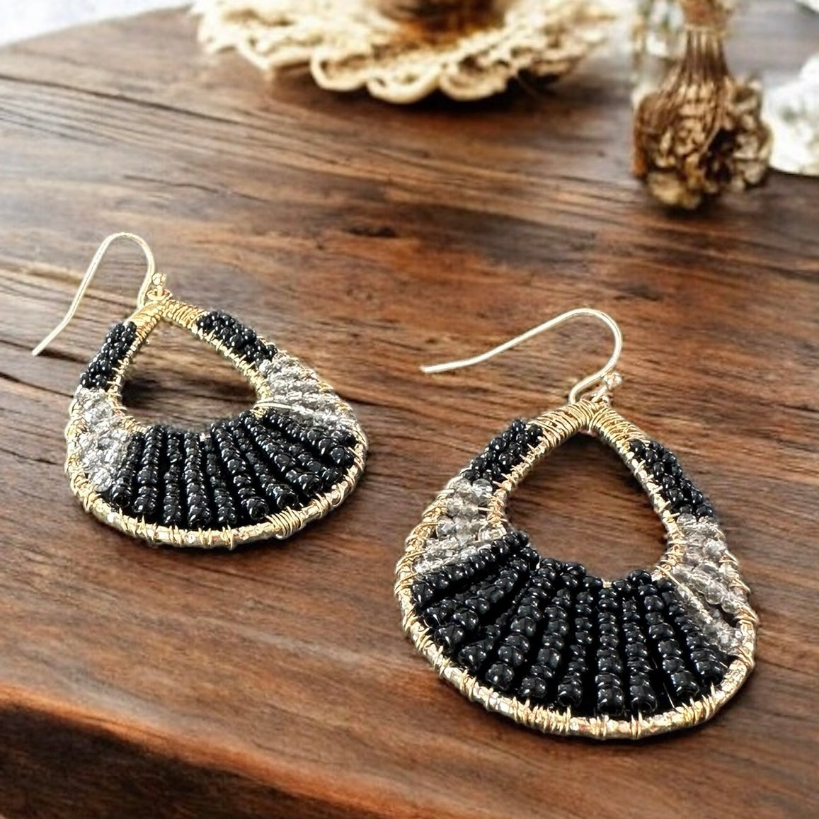 Black & Gold Beaded Earrings