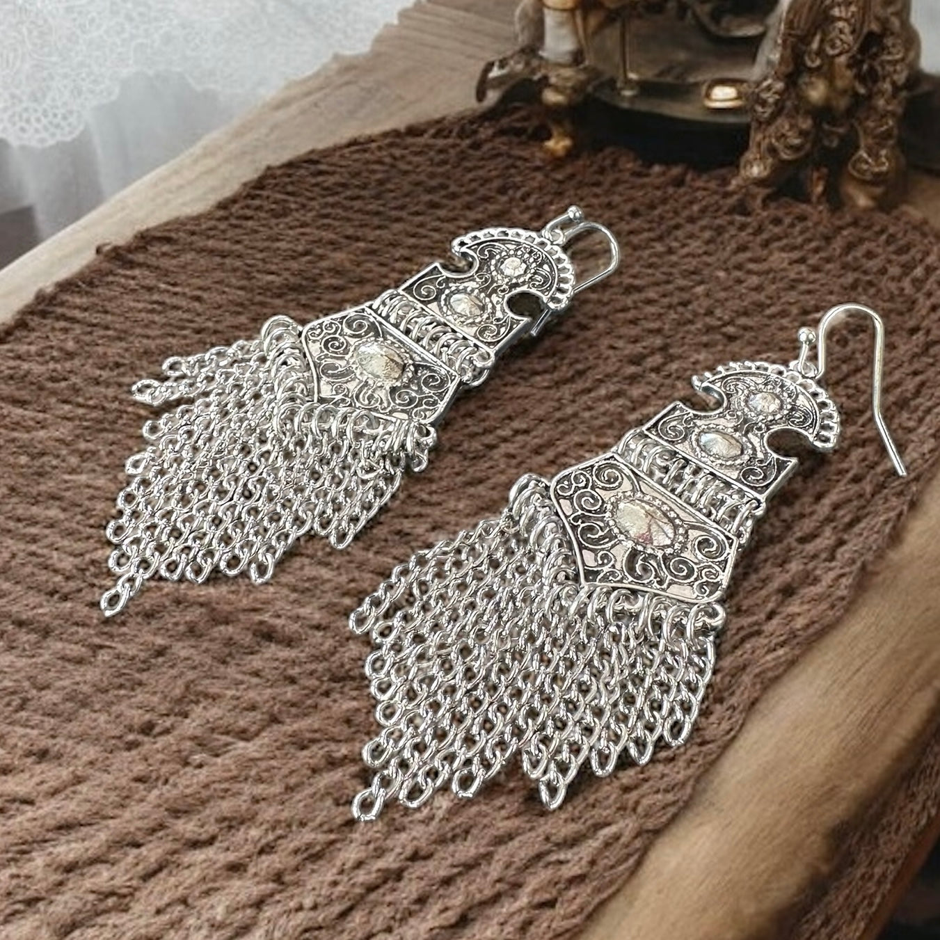 Silver Tribal Drop Earrings