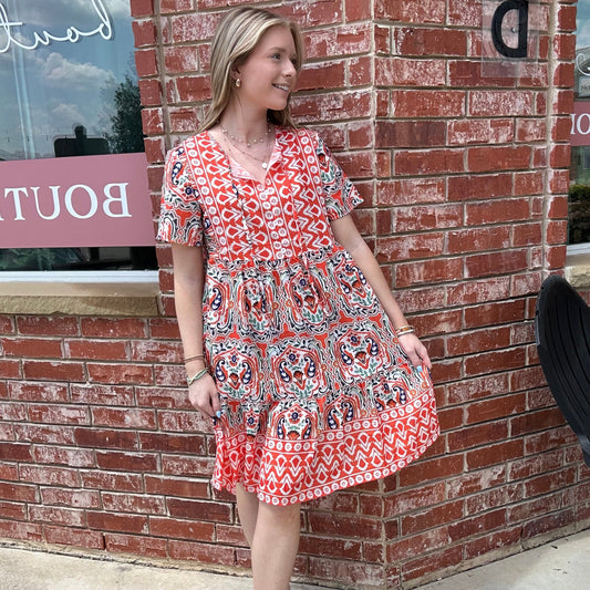 Red Boho Printed Short Dress