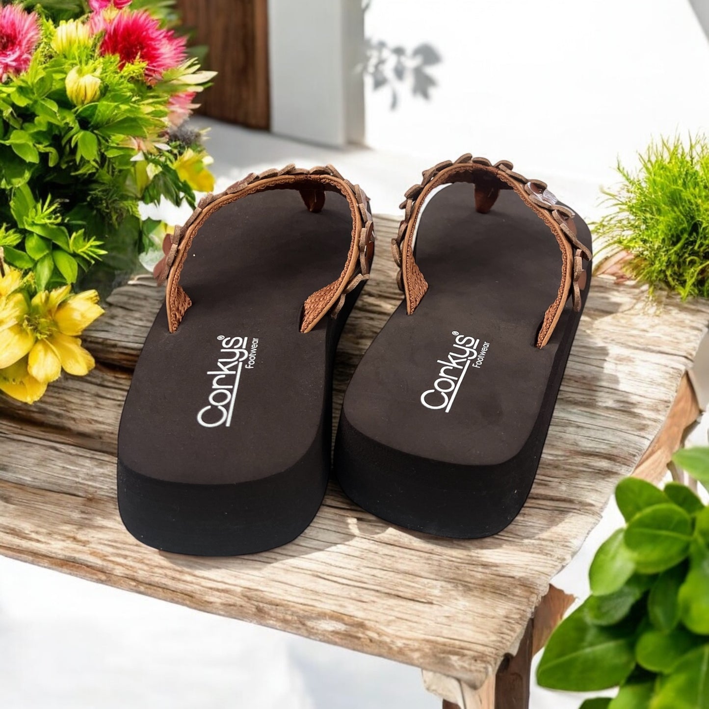 No Running Cognac Flower Flip Flops