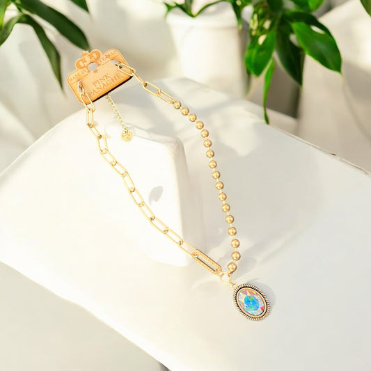 Vertical Oval Crystal Pendant Chain Necklace