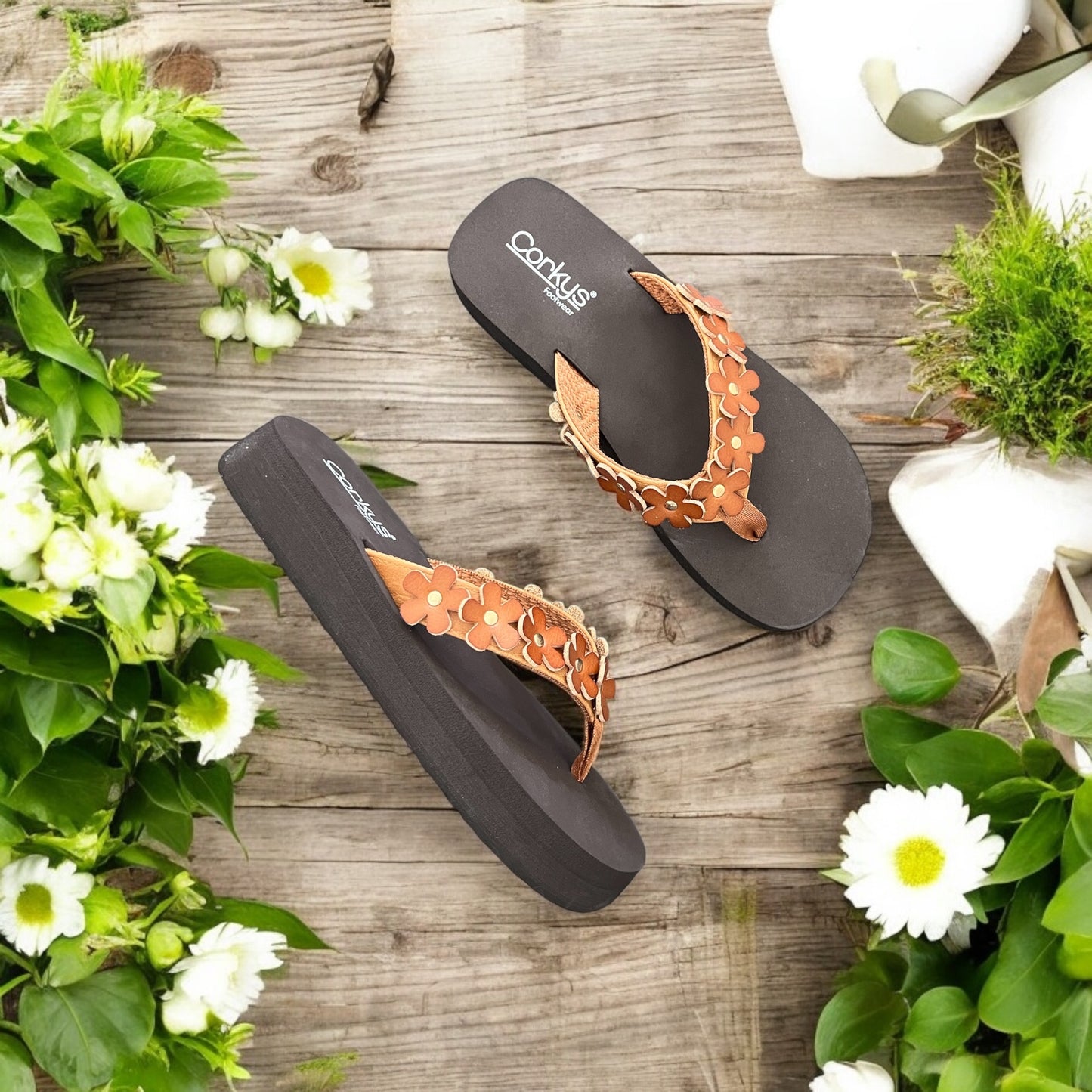 No Running Cognac Flower Flip Flops