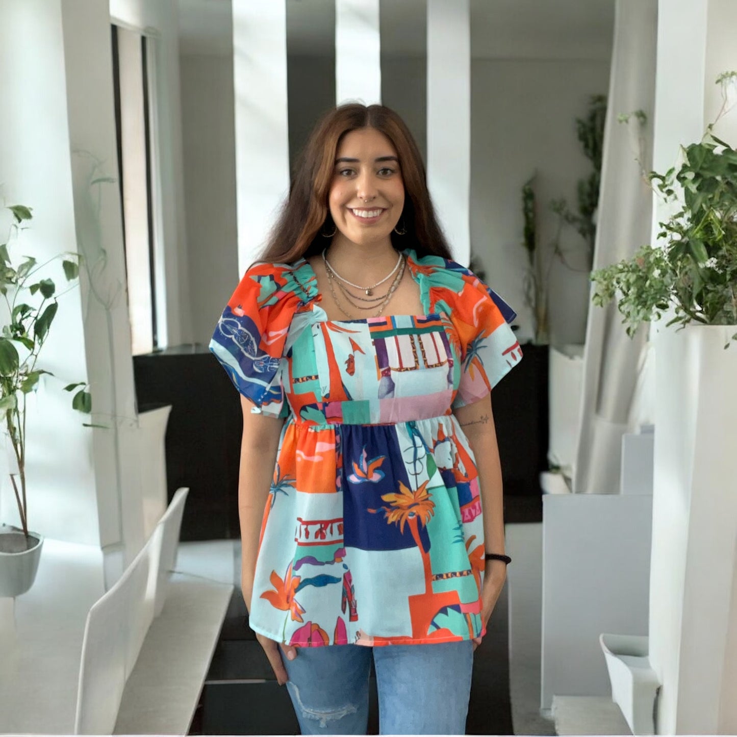 Blue Tropical Printed Square Neck Babydoll Blouse