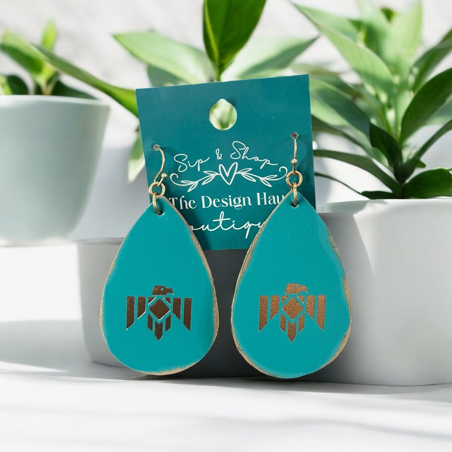 Leather Turquoise Earrings with Western Eagle Accent