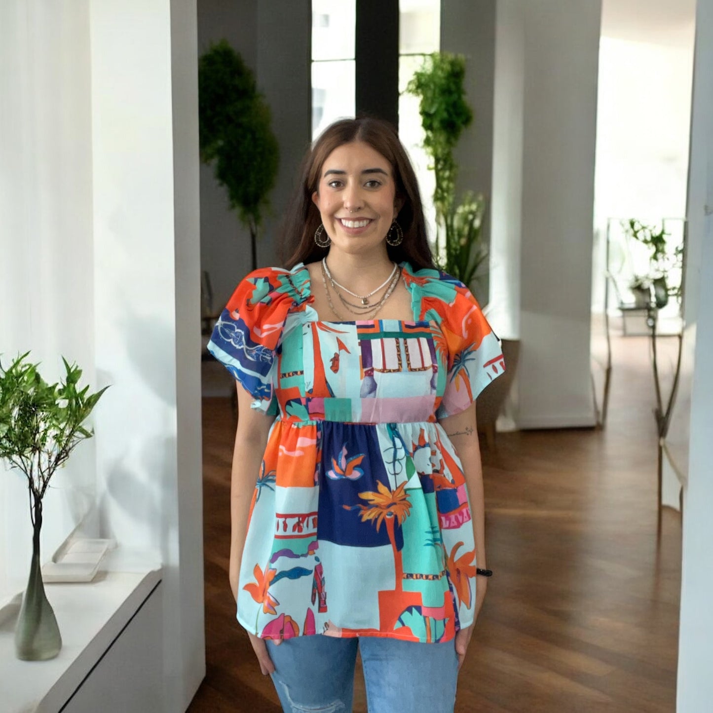 Blue Tropical Printed Square Neck Babydoll Blouse