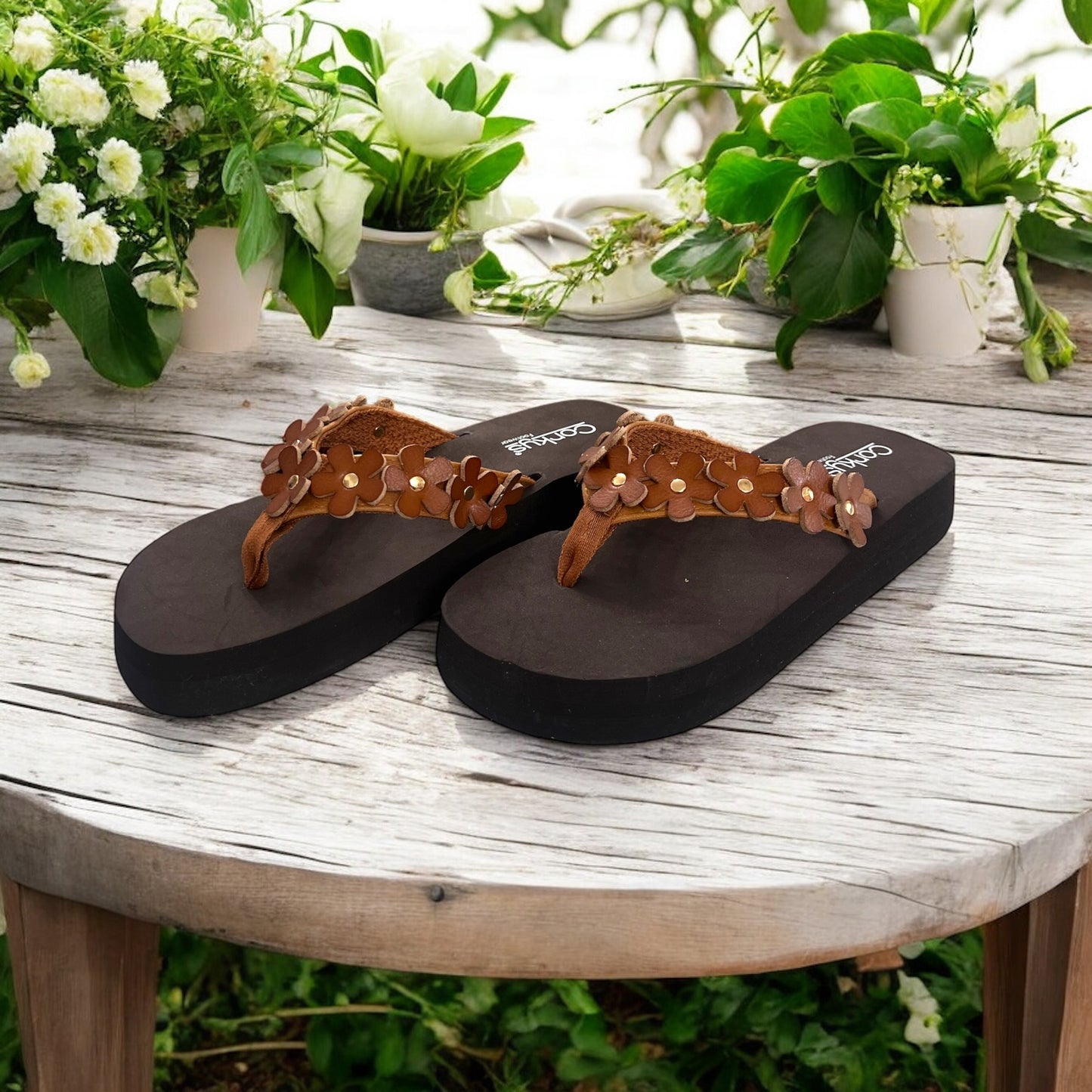 No Running Cognac Flower Flip Flops