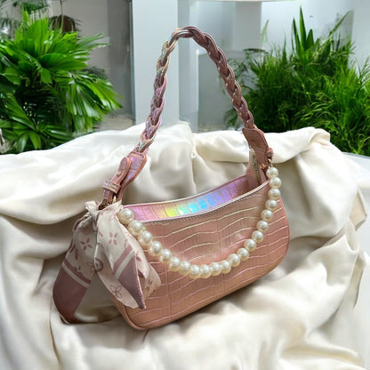 Andie Crocodile Iridescent Handbag with Pearl Chain and Chic Bow