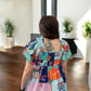 Blue Tropical Printed Square Neck Babydoll Blouse