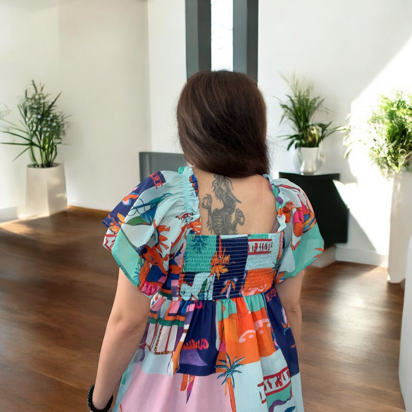 Blue Tropical Printed Square Neck Babydoll Blouse
