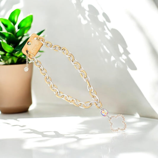 Clover Cross Silver and Gold Necklace with Austrian Crystal