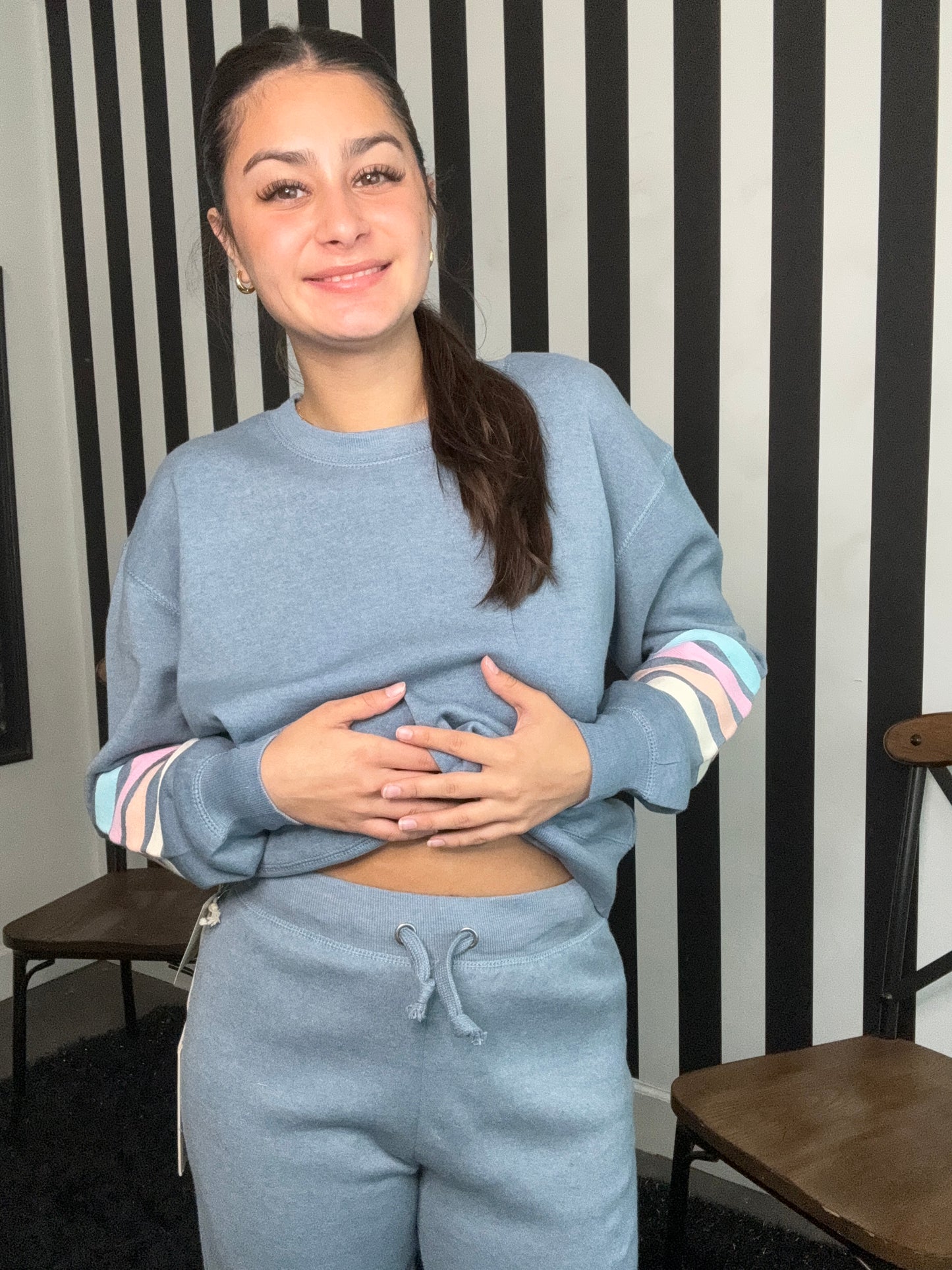 Denim w/pastel stripes joggers
