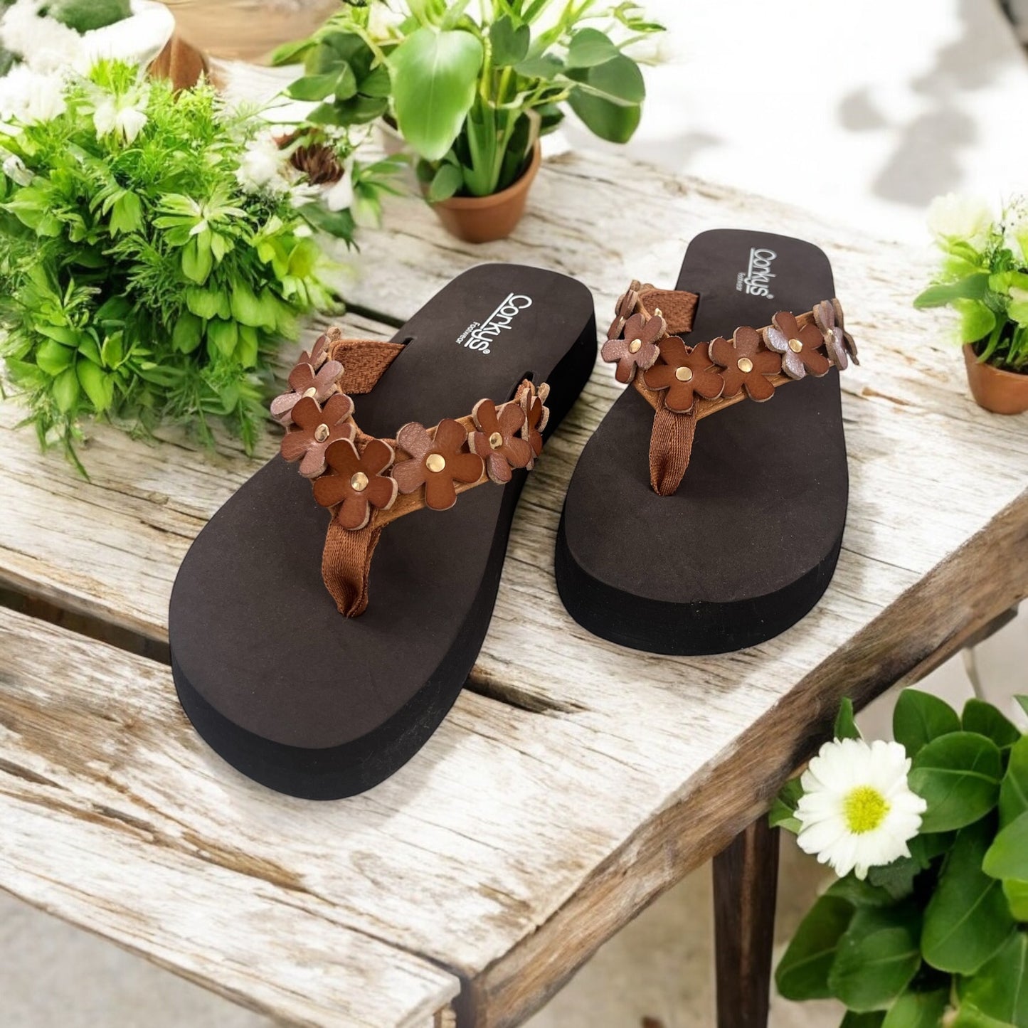 No Running Cognac Flower Flip Flops