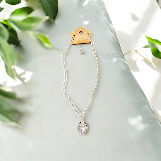 Vertical Oval Crystal Pendant Chain Necklace