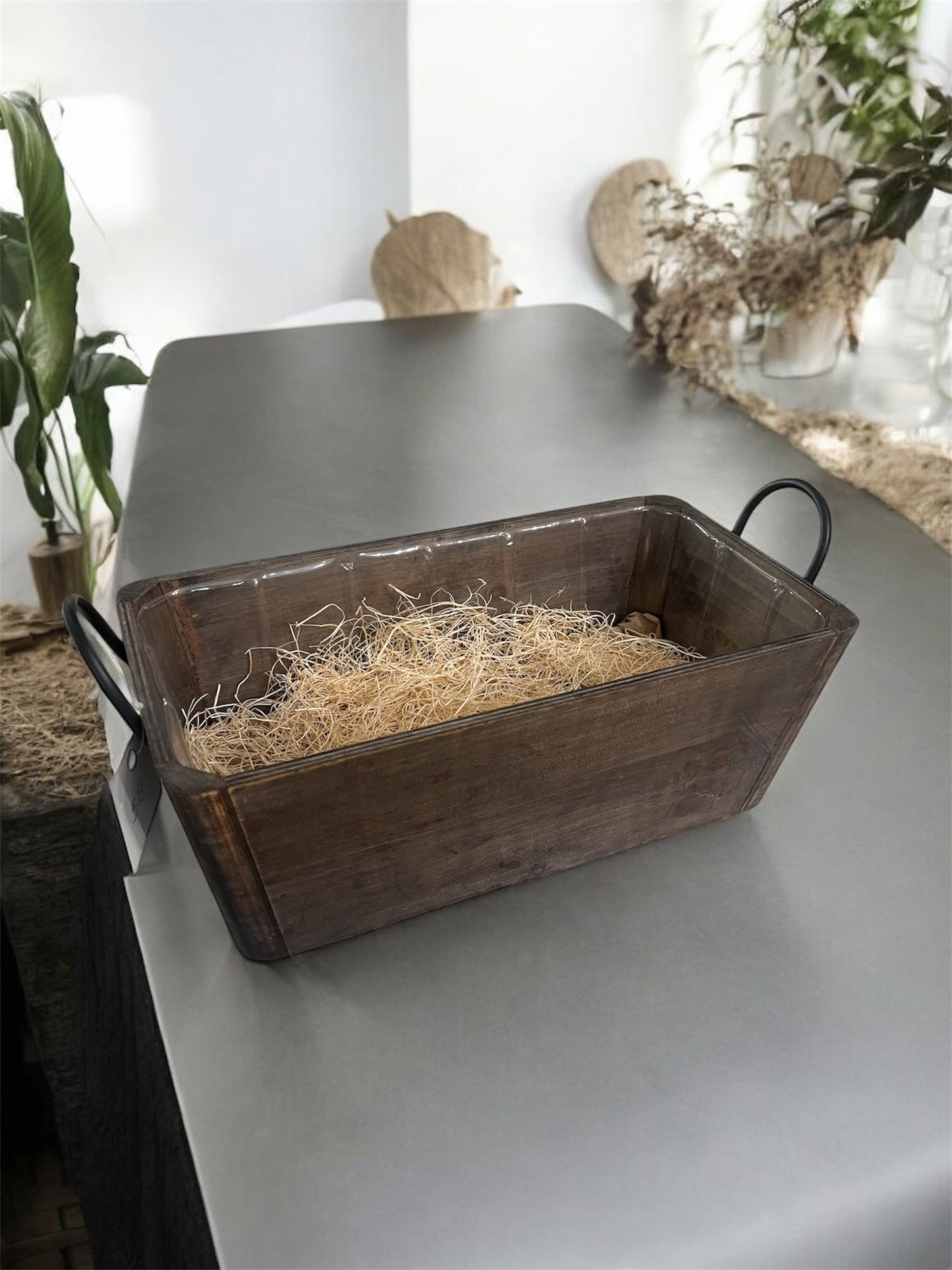 Wooden Basket Home Decor with Metal Handles