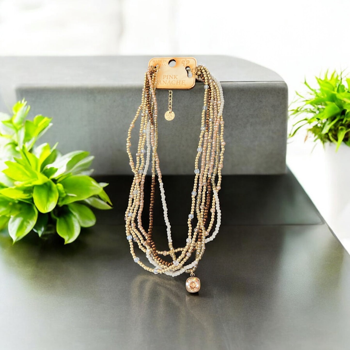 Glass Bead Gold Tone Necklace with Austrian Crystal