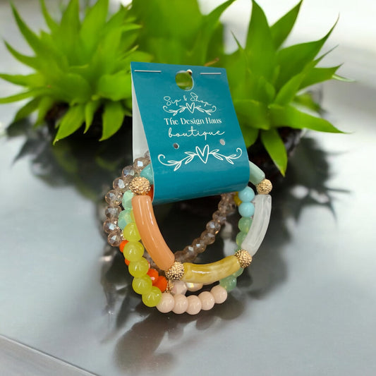 Set of 4 Stacked Colorful Acrylic and Beaded Bracelets