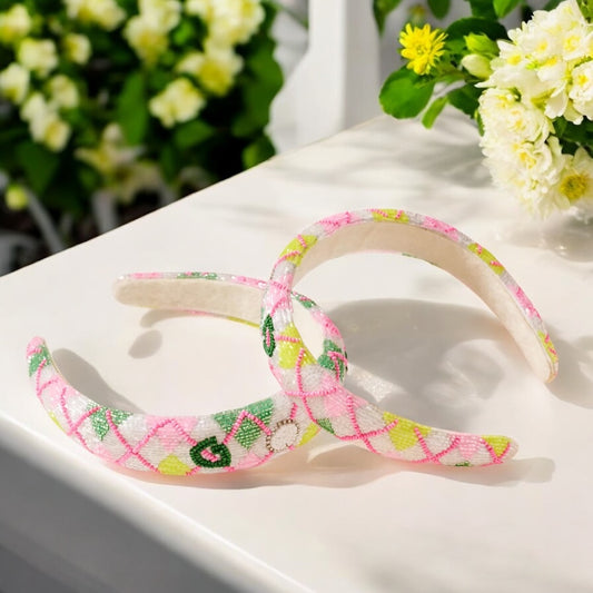 “Golf” Zig Zag Beaded Pink and Green Headband