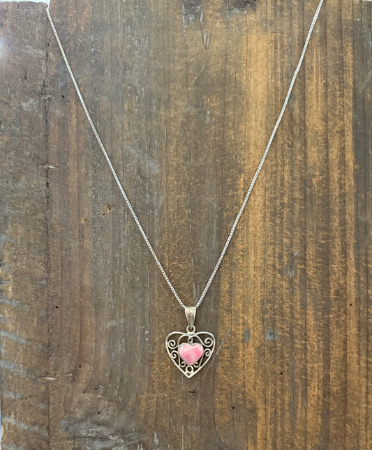 Vintage Sterling Silver Filigree Heart w/Pink Stone Pendant Necklace