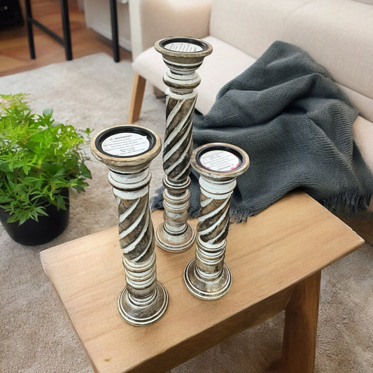 Set of 3 Whitewashed Wooden Candlesticks