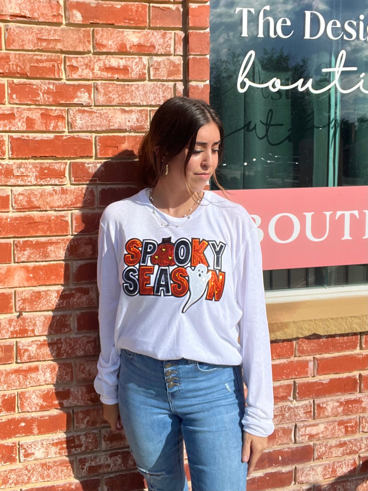 “Spooky Season” Sequin Decorative White Long Sleeve Top