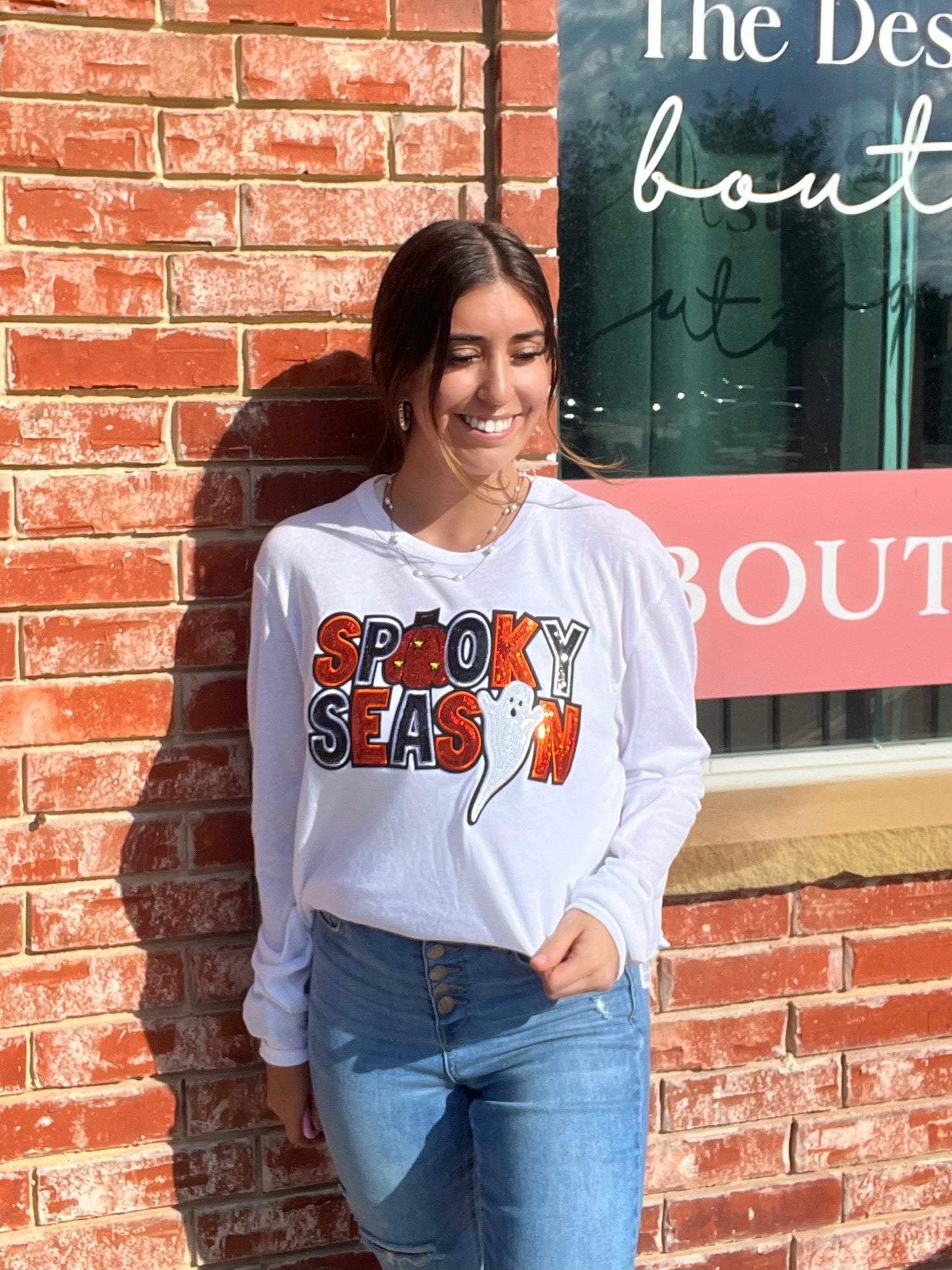 “Spooky Season” Sequin Decorative White Long Sleeve Top