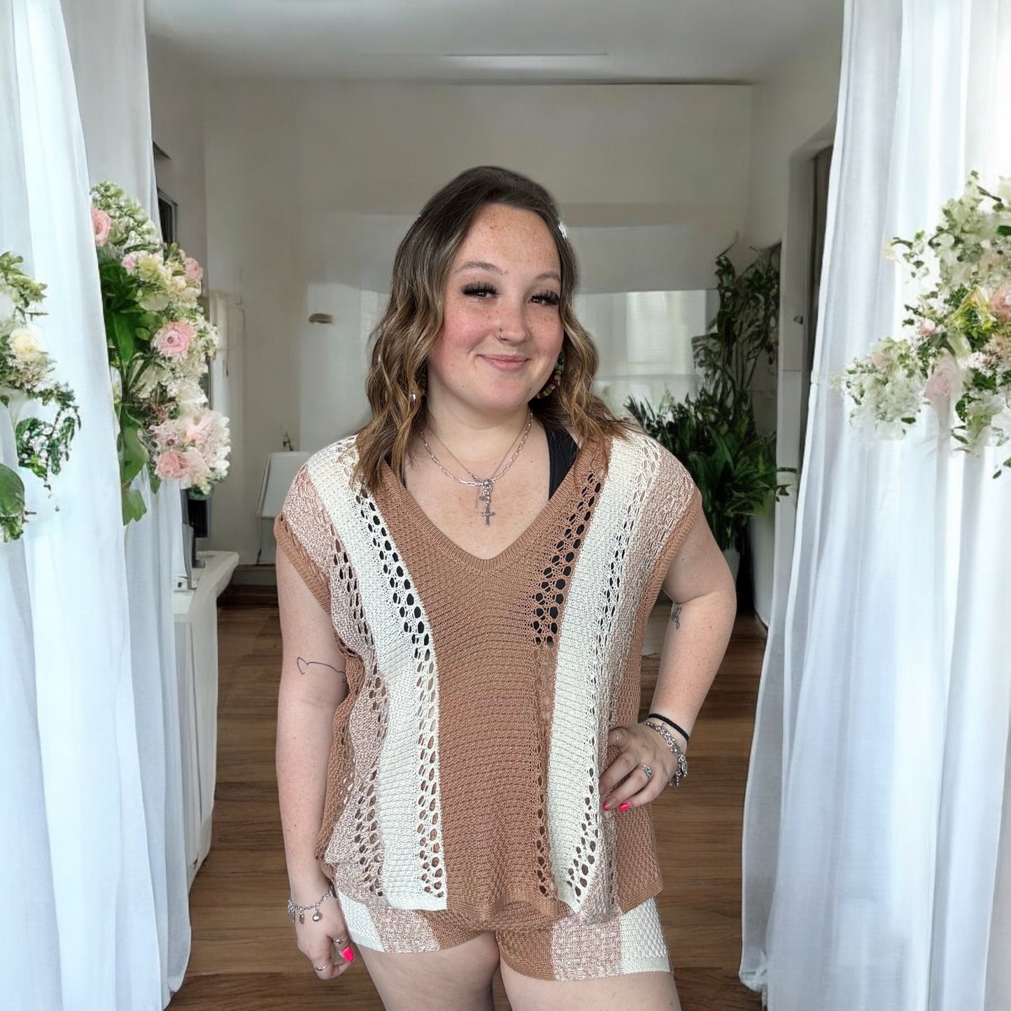 Brown Casual Shorts V-neck Two Piece Set