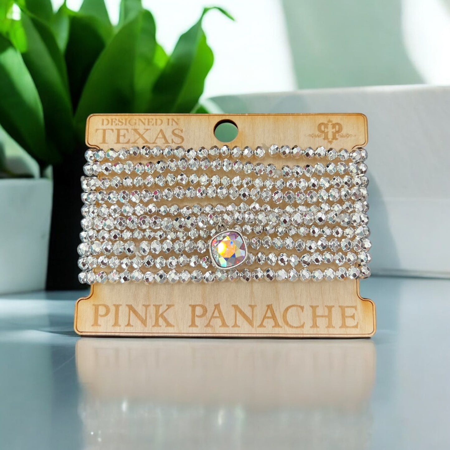 Metallic 10 Stack Faceted Bead Bracelet with Austrian Crystal