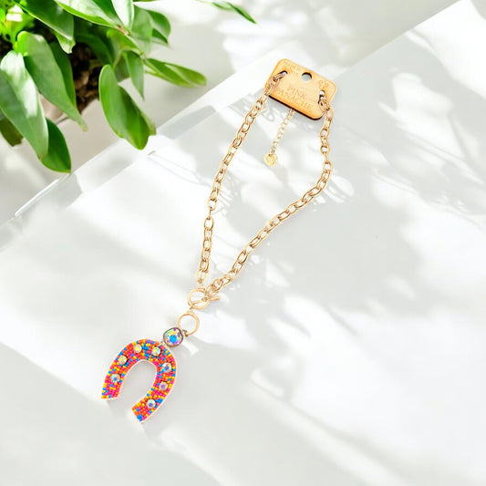 Multicolor Seed Bead Horseshoe Necklace with Rhinestones