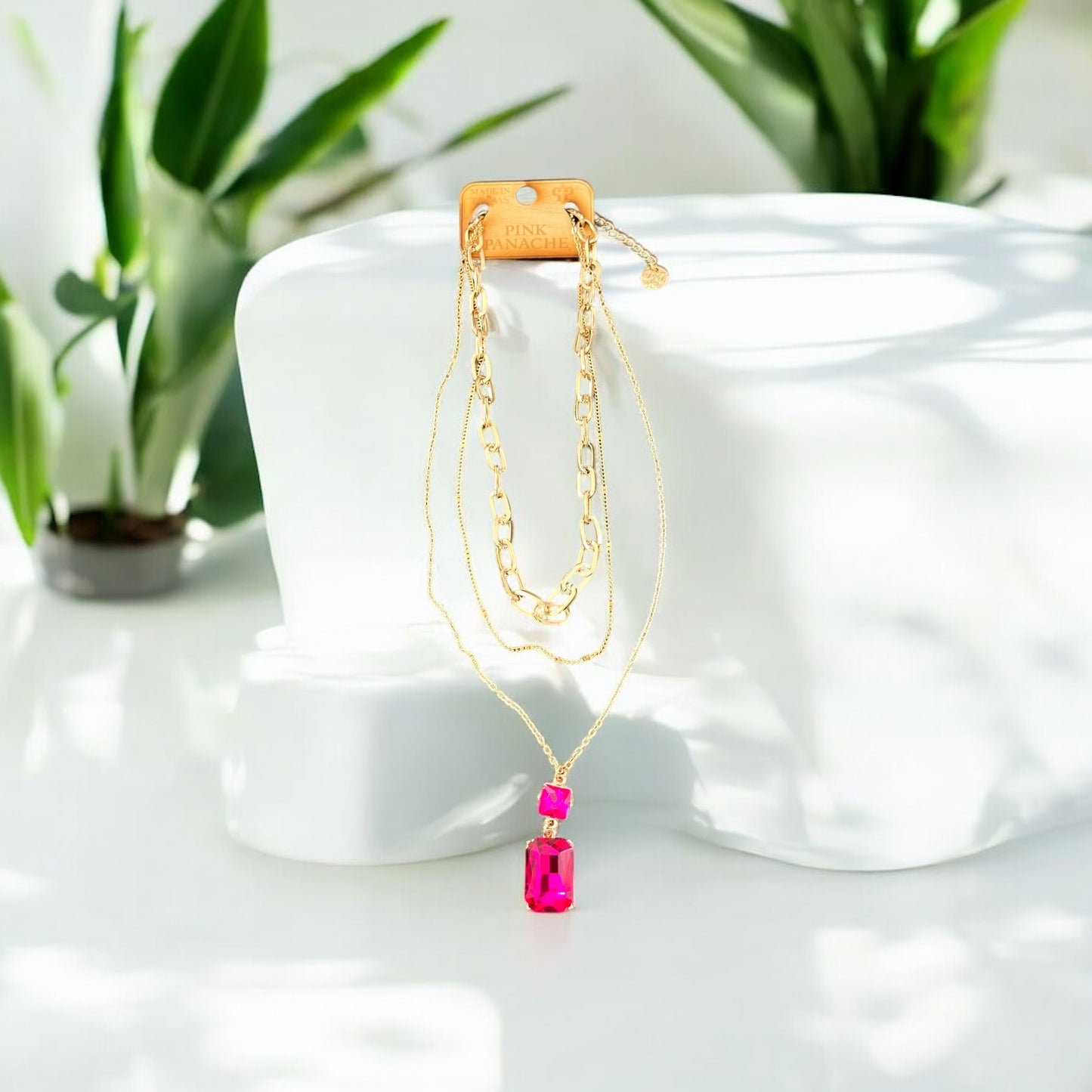 Triple Chain Fuchsia Rhinestone Pendant Necklace